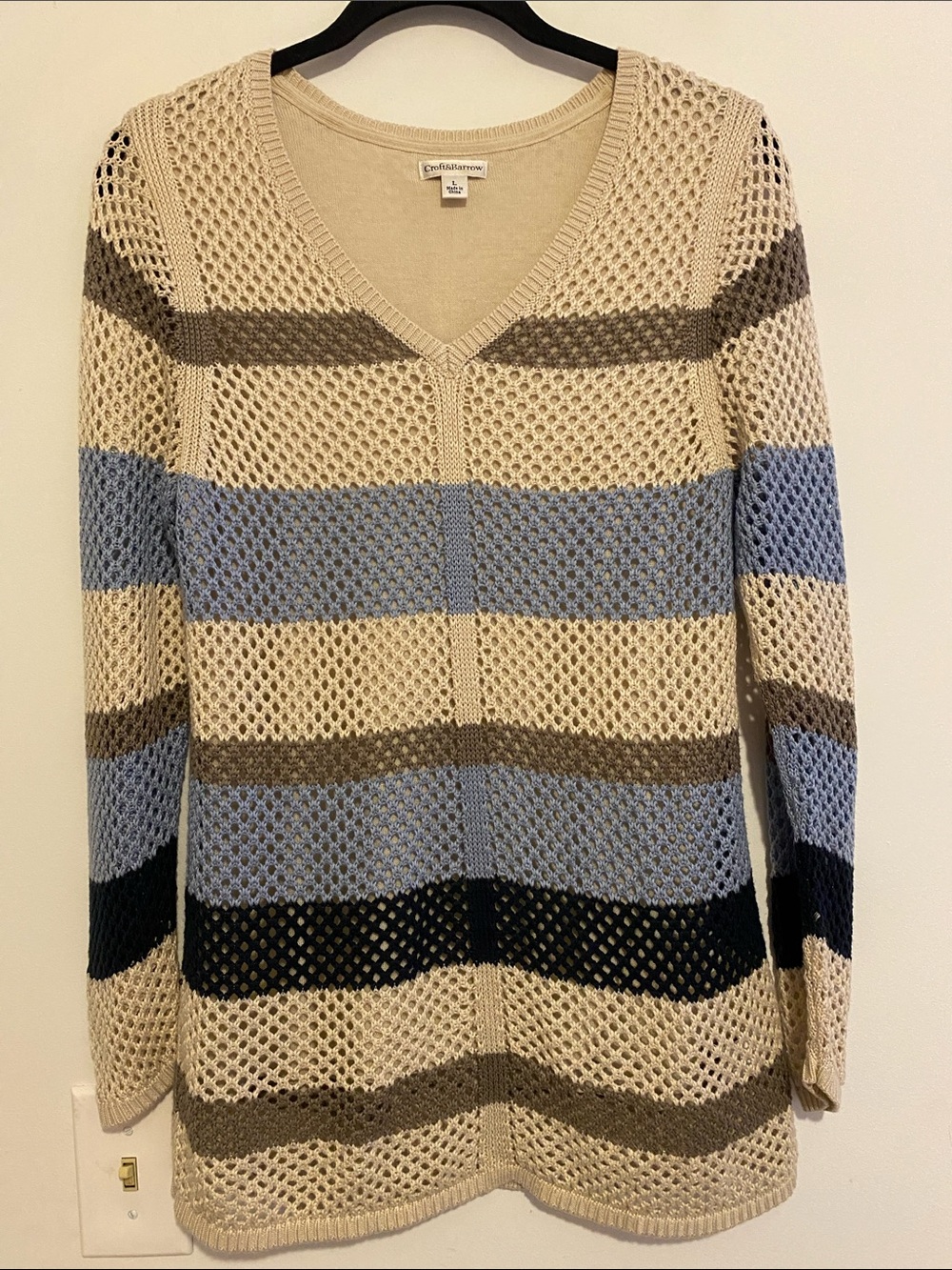 croft & barrow Cream Open-Knit V-Neck Tunic with Blue, Brown and Black Stripes